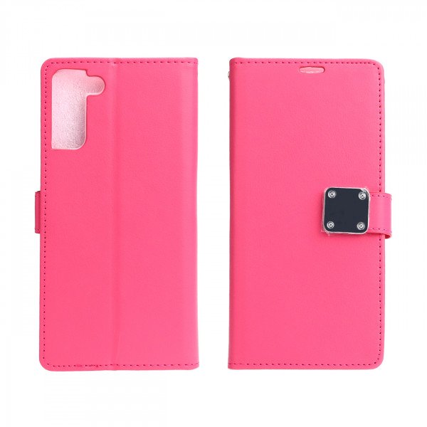Wholesale Multi Pockets Folio Flip Leather Wallet Case with Strap for Samsung Galaxy S21 5G (Hot Pink)
